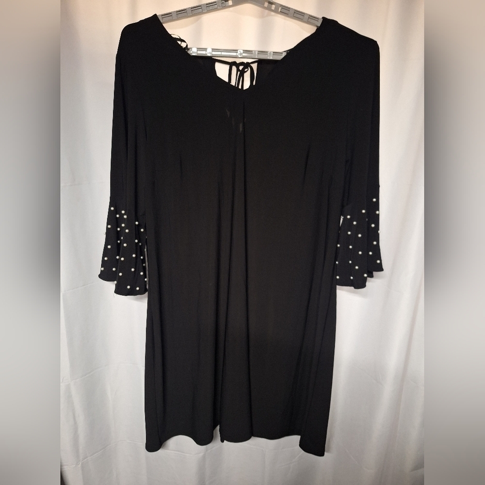 Roz & Ali Black Midi Dress with White Beads On Sleeves